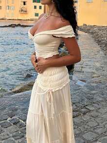 Sexy, einfarbiges Top mit V-Ausschnitt und Flügelärmeln für Damen und langer Rock mit hoher Taille und Schnürung, 2-teiliges Set, modisch - Aprikosenfarben - Übersicht 8