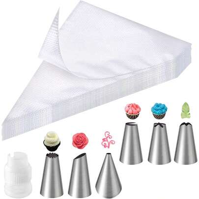 100 Pcs Piping Bags, Including 6 Stainless Steel Nozzles, 1 Adapter, Disposable Pastry Bags, Pastry Piping Bag For Cake Decoration, Cupcake, Pastry