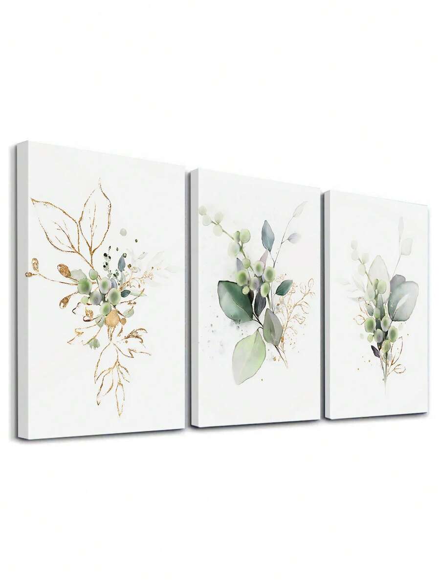 Set Of 3 Watercolor Style Wall Art, Berry Wall Decor, Green Leaves Canvas Prints, Botany Home Decor, Retro Style Artwork Wall Posters Wall Decorations, Natural Room Decor Wall Hanging Poster For Living Room Bedroom Bathroom ,Wall Art With Frame