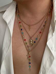 4 件套复古男士十字架吊坠水晶链项链套装，独特新款配饰 - 4件套 - 查看 4