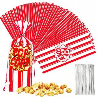 50 Pcs Popcorn Bags Cellophane Candy Bags Red White Stripe Cookie Snacks Bags With Twist Ties For Circus Carnival Birthday Party Favor Back To School Valentine Day