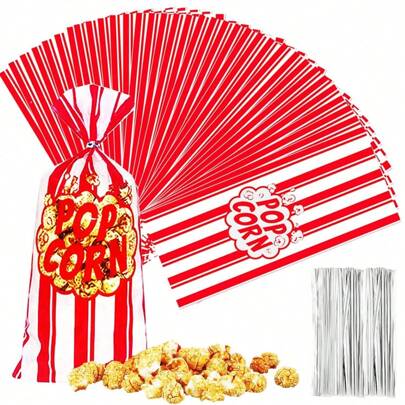 50 Pcs Popcorn Bags Cellophane Candy Bags Red White Stripe Cookie Snacks Bags With Twist Ties For Circus Carnival Birthday Party Favor Back To School Valentine Day
