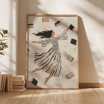 1 pezzo Illustrazione di una donna che legge, opera d'arte moderna senza cornice, arte contemporanea, stampa di un semplice abito a righe, stampa di un libro in volo, arte per gli amanti dei libri