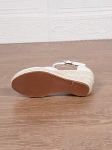 Women Faux Leather Wedge Sandals, 3.15in High Heel White Round Toe Mule Vacation Shoes, Comfortable Woven Beach Soles Slip-On Shoes