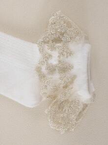 5 Pairs Lace & Gold Trim White Socks, Fashionable & Versatile, Princess Style Sweet Girls Kids Socks, Elegant - White - View 4