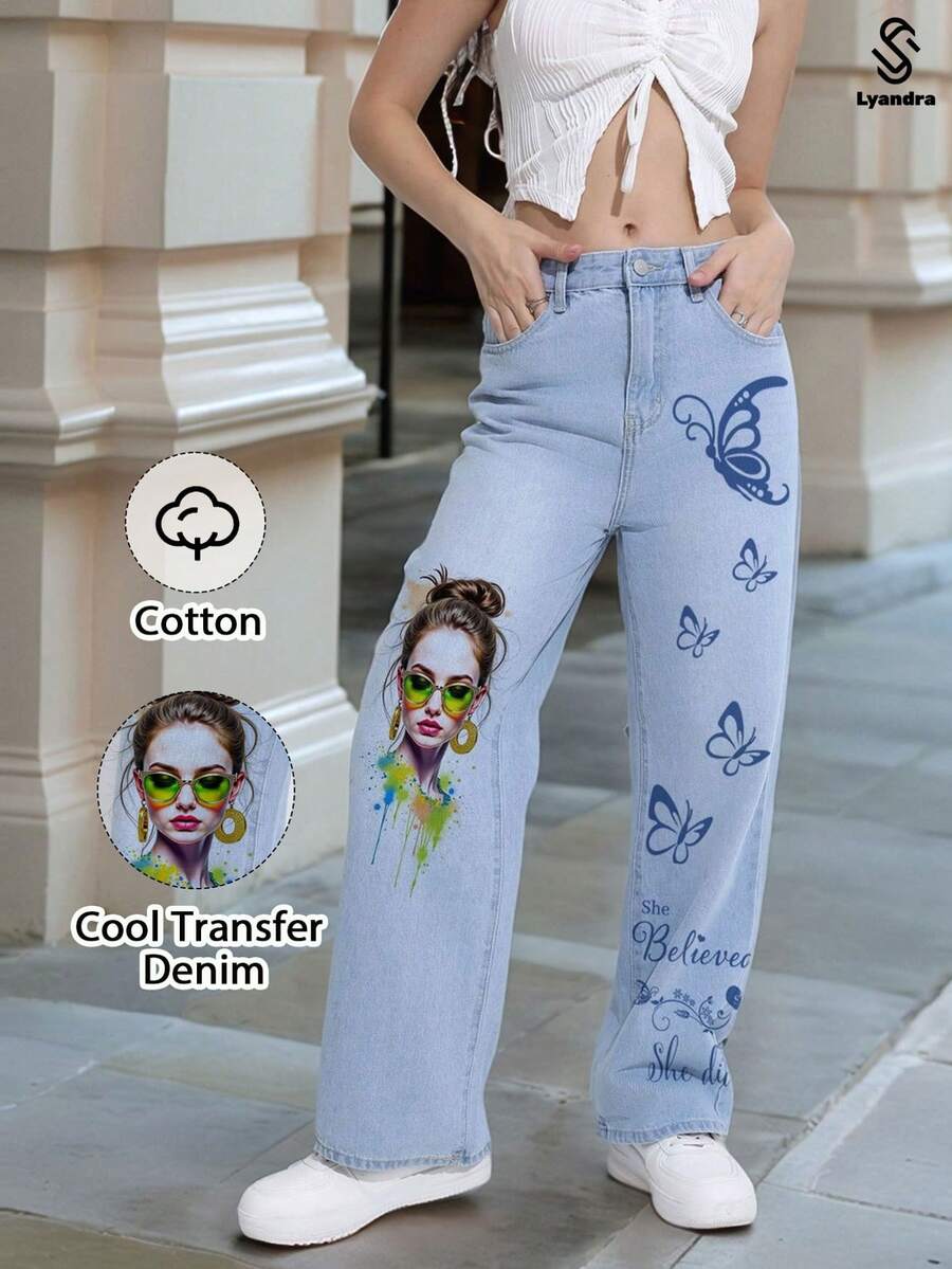 Lyandra Women's Versatile Wide Leg Casual Printed Straight Relaxed Fit Jeans - Light Wash - View 1