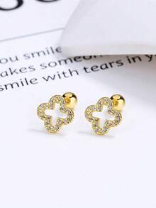 1 Pair S925 Silver Crystal Hollow Clover Screw Stud Earrings, Women Luxury Minimalist Clover Earrings, Holiday Gift - Four Leaf Clover - View 10
