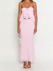 Women's 2 Piece Skirts Outfits Solid Color Ruffles Strapless Tube Tops High Waist Long Skirts Clothes Set - Pink - View 1