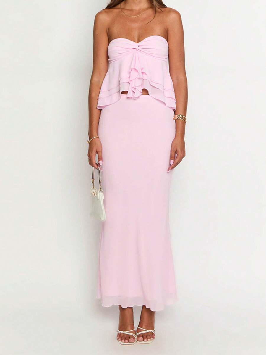 Women's 2 Piece Skirts Outfits Solid Color Ruffles Strapless Tube Tops High Waist Long Skirts Clothes Set - Pink - View 1