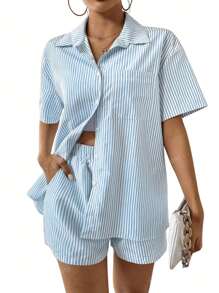 2pcs/Set Women Casual Striped Button Shirt And Shorts Set