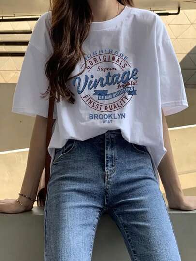 女士休闲宽松圆领短袖印花T恤，百搭日系风格，适合春夏穿着，白色