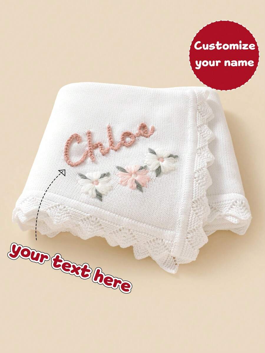 1pc Customizable Hand Embroidered Baby Knit Blanket, Delicate Floral Embroidery, Wave Edge, Soft & Simple, Suitable For All Seasons, Children, Multi-Functional, Ornamental, Letter, Stylish, Modern, Colorful, Cute, Adorable, Casual, Custom, Personalised, Unique, Customized, Ideal Gifts For Him, Ideal Gifts For Her, Customized Kids Swaddling Blankets, Easy Comfort, Easy Comfort,Birthday Gift - White - View 1