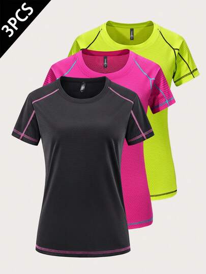 Bộ 3 áo thun thể thao nữ tay ngắn cổ tròn, co giãn, thoáng khí, thời trang và thoải mái, phù hợp cho chạy bộ, tập thể dục, thể hình và yoga mùa hè. Màu đen.
