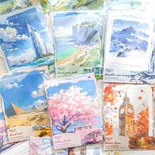 30 Sheets/Pack Self-Adhesive White Matte Finish Rectangular Disposable Office And Study Supplies, Travel Theme Paper