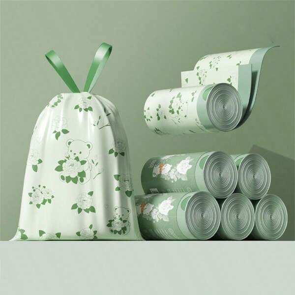 50pcs/100pcs Household Tote Bag, Camellia Thickened Garbage Bag, Kitchen Bathroom, Tear-Free Printing, Large Drawstring Garbage Bag, Not Easy To Break Garbage Bag