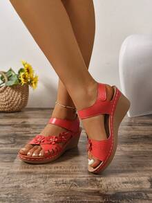 Floral Rivets Crystal Wedge Platform Sandals, Hollow Strap Hook And Loop Ankle Strap Vacation Style Elegant Stitching Ladies Shoes, Spring/Summer - Red - View 4