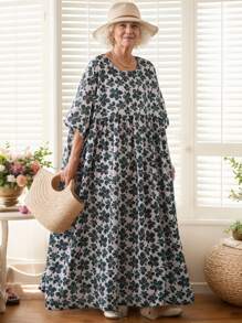 Top, Bohemian Casual Holiday Dress, Green Flower Beach Dress, Women's Elegant Everyday Dress, Summer 2025 New Short-Sleeved Crewneck Dress, Women's Plus-Size Holiday Dress, One Dress,