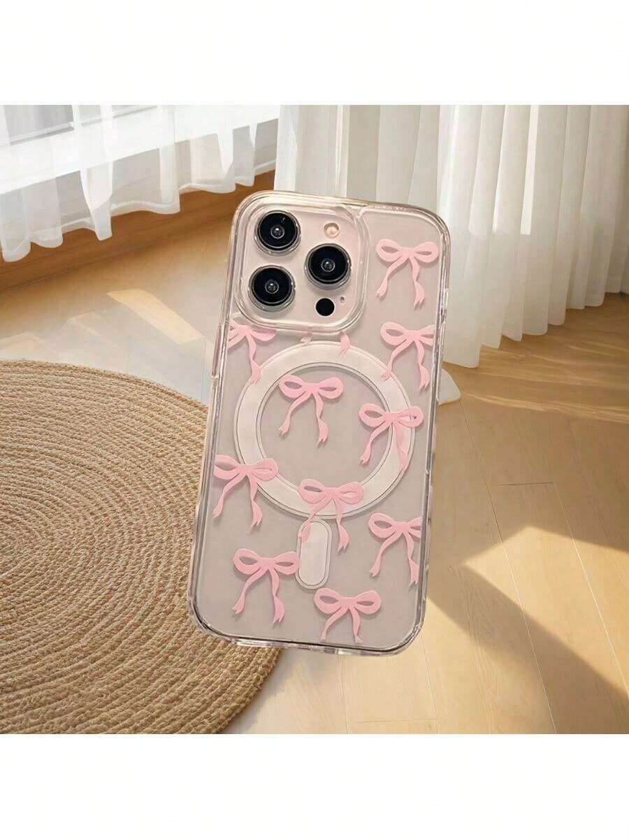 Funda para phone 16, 15, 14, 13, 12 y 11 Pro Max. Diseño con lazo rosa y compatible con carga inalámbrica. Fabricada en acrílico. (1 unidad) - Blanco - Ver 1