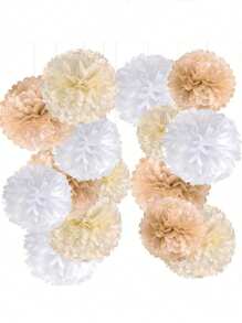 17pcs/16pcs Wedding Party Decor Paper Flower Balls, Khaki, Beige, Olive Green Paper Pom Poms, Birthday Party Background Decoration Balls, Suitable For Festivals, Anniversaries, Wedding, Valentine's Day Decorations Mother's Day Graduation