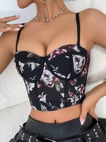 1pc Elegant Sexy French Sheer Floral Fishbone Pattern Fitted Bustier Cami With Padding, Summer