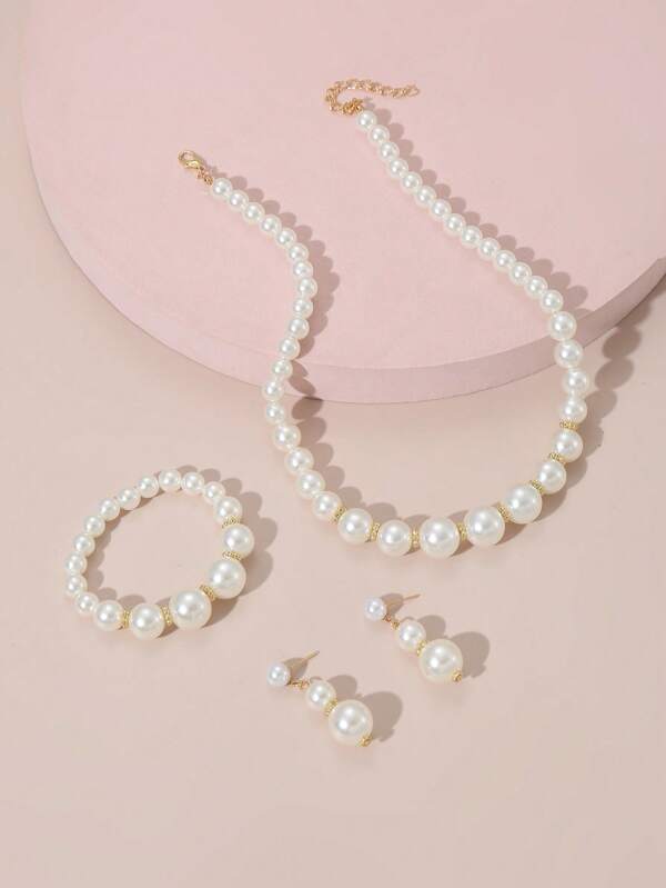 4pcs/Set Minimalist Niche Design Single Layer Pearl Girl's Necklace, Earrings & Bracelet Set