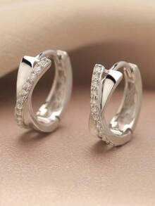 1 Pair Luxury Stainless Steel Micro-Inlaid Rhinestone Cross Hoop Earrings, Suitable For Valentine's Day And Everyday Wear - Antique Silver - View 3