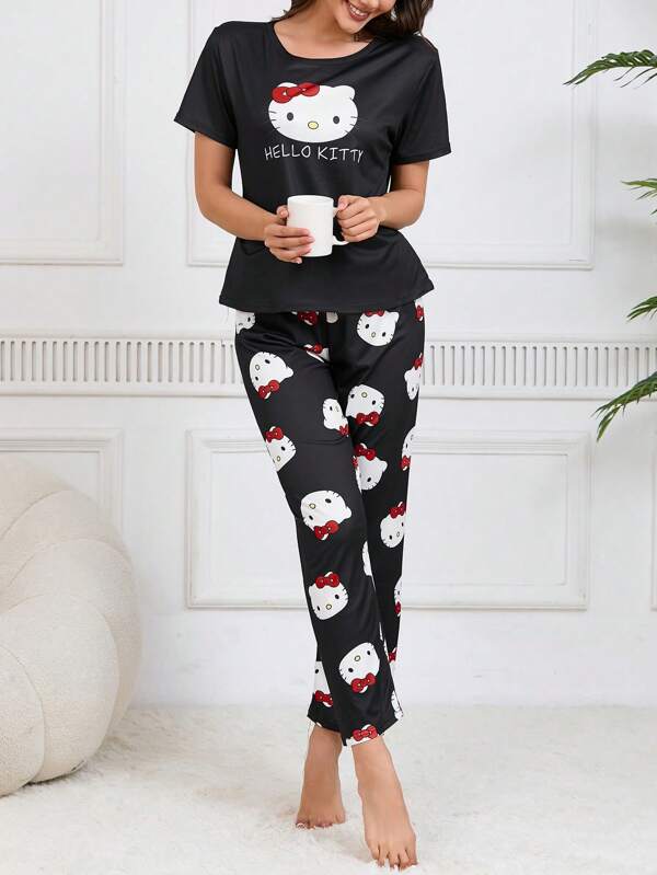 Sanrio 2pcs Sanrio Hello Kitty Print Comfy Sleepwear Set For Women, Short Sleeve Round Neck Top & Loose Fit Pants