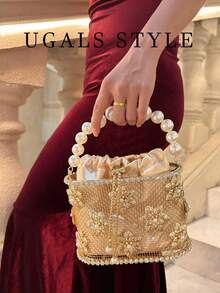 Luxury 2025 Women'S Bridal Wedding Purse Party Prom Rhinestone Pearl Woven Crossbody Bag Fashion Evening Bags - Champagne - View 2