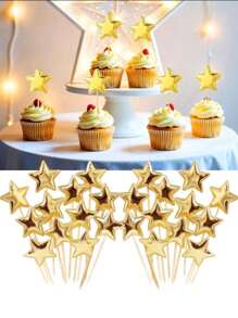 50 piezas de decoraciones para cupcakes en forma de estrella de 5 puntas de PU dorado, decoraciones para pasteles, decoraciones para fiestas lindas para bodas, cumpleaños, postres, frutas y comida DIY