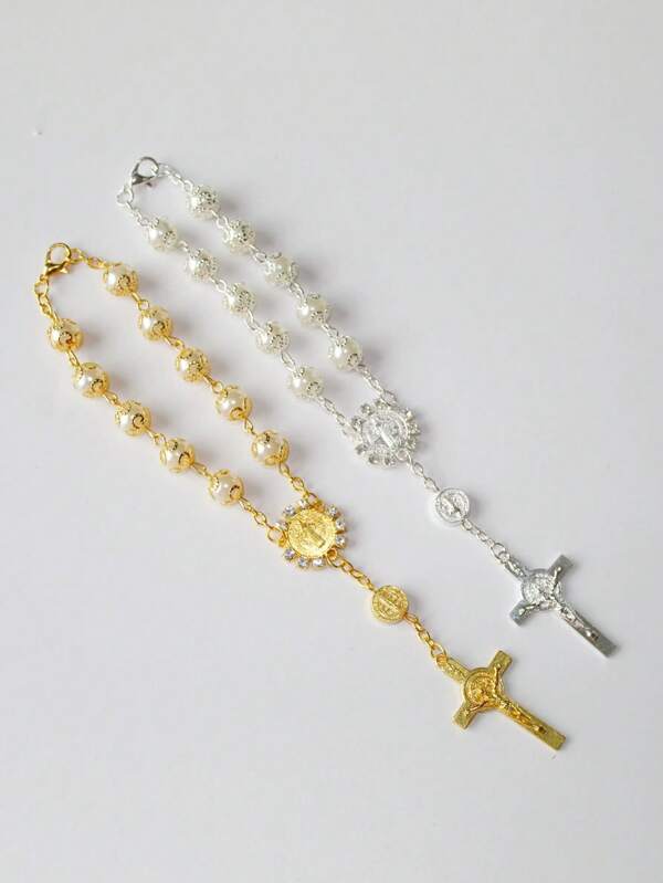 1pc Elegant Vintage Lace & Faux Pearl Rosary Cross Bracelet, Suitable For Men And Women, Perfect For Daily Wear And Holiday Gifts
