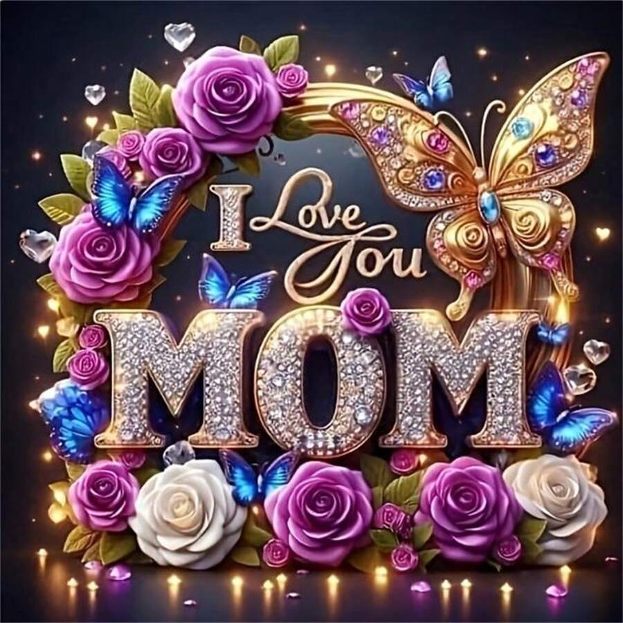 DIY 5D 钻石画套装“我爱你妈妈”带盛开的水晶花和蝴蝶 - 圆形水钻帆布艺术刺绣十字绣画工艺品用于墙壁装饰 - 送给母亲的完美节日礼物，钻石艺术 - 彩色 - 查看 1