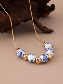 1 Stück Modischer minimalistischer blau-weißer Porzellan-Blumen-Anhänger-Halskette für Frauen, Vintage Boho