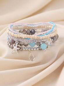 Bộ 7 chiếc/Bộ vòng tay nhiều lớp đính hạt hình sao biển và vỏ sò khối màu Bohemian, phù hợp cho phụ nữ mặc hàng ngày khi đi biển, quà tặng ngày lễ đẹp mắt - mặt dây chuyền sao biển - Xem 2