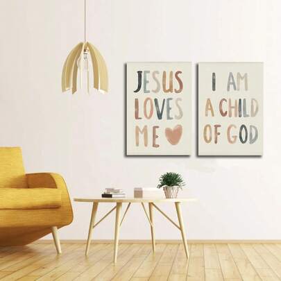 1 stuk/2 stuks inspirerende christelijke citaten kunstdecoratie posters modern minimalistisch "Jezus houdt van mij" en "Ik ben een kind van God" aquarel typografie canvas muurkunst prints kleurrijke schilderijen voor woonkamer slaapkamer thuiskantoor studentenkamer decoratie muurachtergrond ontwerp afbeelding ingelijst/niet ingelijst, muurkunst met lijst
