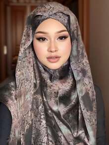 1件长款丝滑印花披肩，穆斯林高端渐变大理石纹印花优雅女士头巾，适合搭配连衣裙 - 多色1 - 查看 12