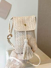 Schicke Miniatur Schultertasche für den Sommerurlaub am Strand - leicht geflochtenes Polyester mit verstellbarem Riemen, süße und kleine Umhängetasche, auffallende Strandtasche für den Sommer, mit Magnetverschluss und Quastendetail in Unifarben, lässige Umhängetasche für Handys, Geschenkidee zum Krankenschwestertag
