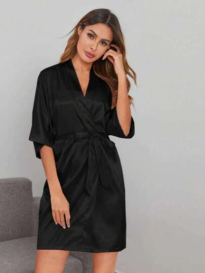 1 قطعة ثوب حريري قصير بأكمام قصيرة للنساء بلون أحادي، ملابس نوم مناسبة للربيع/الصيف، مناسبة للمنزل والحفلات والتجمعات والفنادق وغيرها من المناسبات