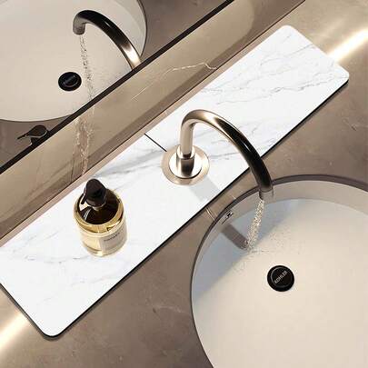 1 件白色大理石图案印花水龙头橡胶吸水防滑垫，速干垫，防水底部，适用于浴室、厨房、办公室、餐厅、农场、家居装饰