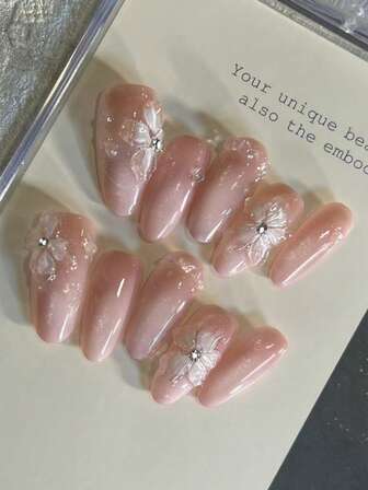 10-Piece Diy Artificial Nail Set, 3D Handcrafted Ice-Clear Lily-Shaped With Pink Gradient Surface And Asymmetrical Water Droplet Embellishments. After Wearing, It Makes Hands Look Fairer, More Elegant And Charmingly Simple. The Set Includes 1 Artificial Nail, 1 Gel And 1 Nail File. Suitable For Daily Life, Weddings, Business, Parties And Other Occasions. Press On Nails Nail Supplies Nails