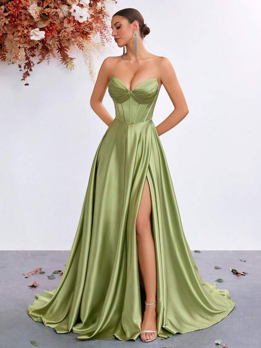 ADYCE Elegant Summer Strapless V-Neck High Waisted Slit Skirt With Backless Lace Up Dance Party Dress Prom - Green - View 1