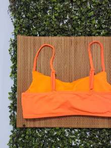 Bikini Top Simple Bandeau Thin Straps With Removable Pads And Separate Polyamide Adjuster - Orange - View 3