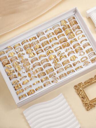 Conjunto de 6/12/16/24 anillos de acero inoxidable con patrón tridimensional amarillo dorado de alta calidad