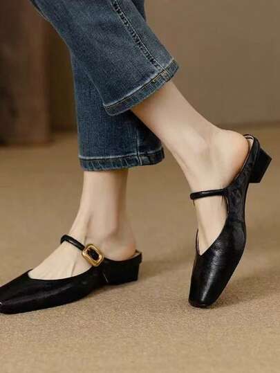Classic Retro Style Button PU Leather Flat Shoes, Suitable For Beach, Wedding, Party, Office, Home Wear, Spring/Summer