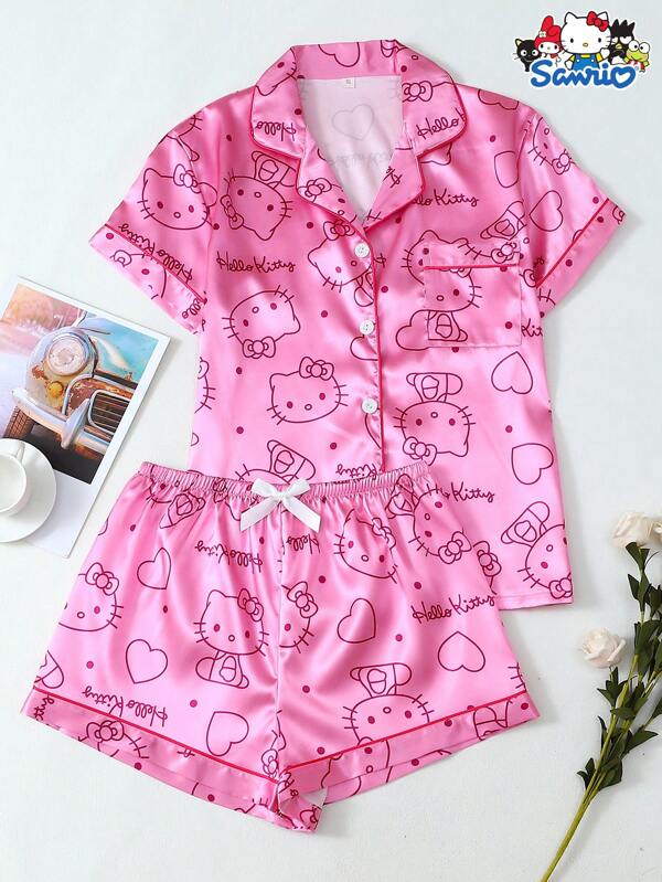 Sanrio 2pcs/Set Women's Spring/Summer Satin Sanrio Hello Kitty Print Lapel Short Sleeve Button Pocket Top And Bow Shorts Pajama Set, Suitable For Home Wear