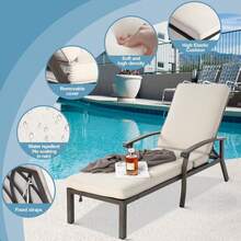 Chaise Lounge Chair Outdoor Cast Aluminum Reclining Lounger With Cushion, 5-Position Adjustable Backrest Waterproof Padded Seat, Wheels For Patio, Poolside, Garden Beige,One Pack - Beige - View 2