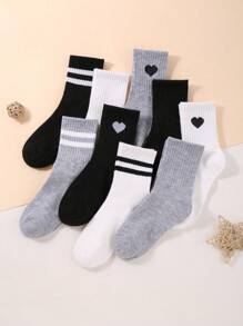 9 pares de calcetines cortos para niños y niñas de color negro, blanco y gris con barras dobles, corazón y unicolor, adecuados para el atuendo diario en cualquier época del año