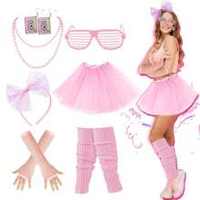 80s 90s Fancy Dress For Women,1980s Fancy Party Costume Accessories Set - Pink Mesh Skirt Necklace Hairband Neon Glass Fishnet Gloves Earring - Kids Girls 80s Retro Party - Multicolor - View 1