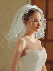 1件短款蓬鬆荷葉邊蝴蝶結新娘面紗髮夾，旅行攝影頭飾，婚紗配件 - 白色 - 查看 6