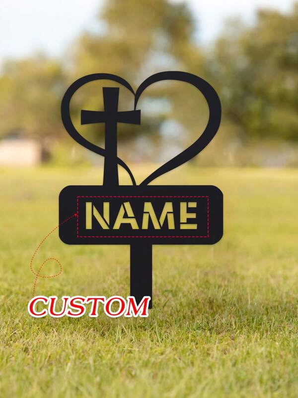 Personalisierter Metall-Herz mit Kreuz-Symbol Grabstein, schwarzer individuell angefertigter Memorial-Pflock, personalisierter Pflock für den Verlust eines geliebten Menschen, für Friedhof, Außenbereich, Garten