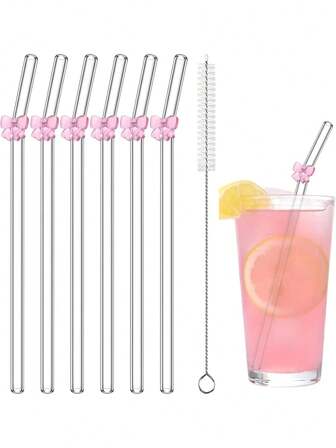 6 Pack Reusable Glass Straws With Bow Charm - Shatter-Resistant Bent Drinking Straws Set + Cleaning Brush - Elegant Straws For Cocktails, Smoothies & Cold Drinks (20cm)